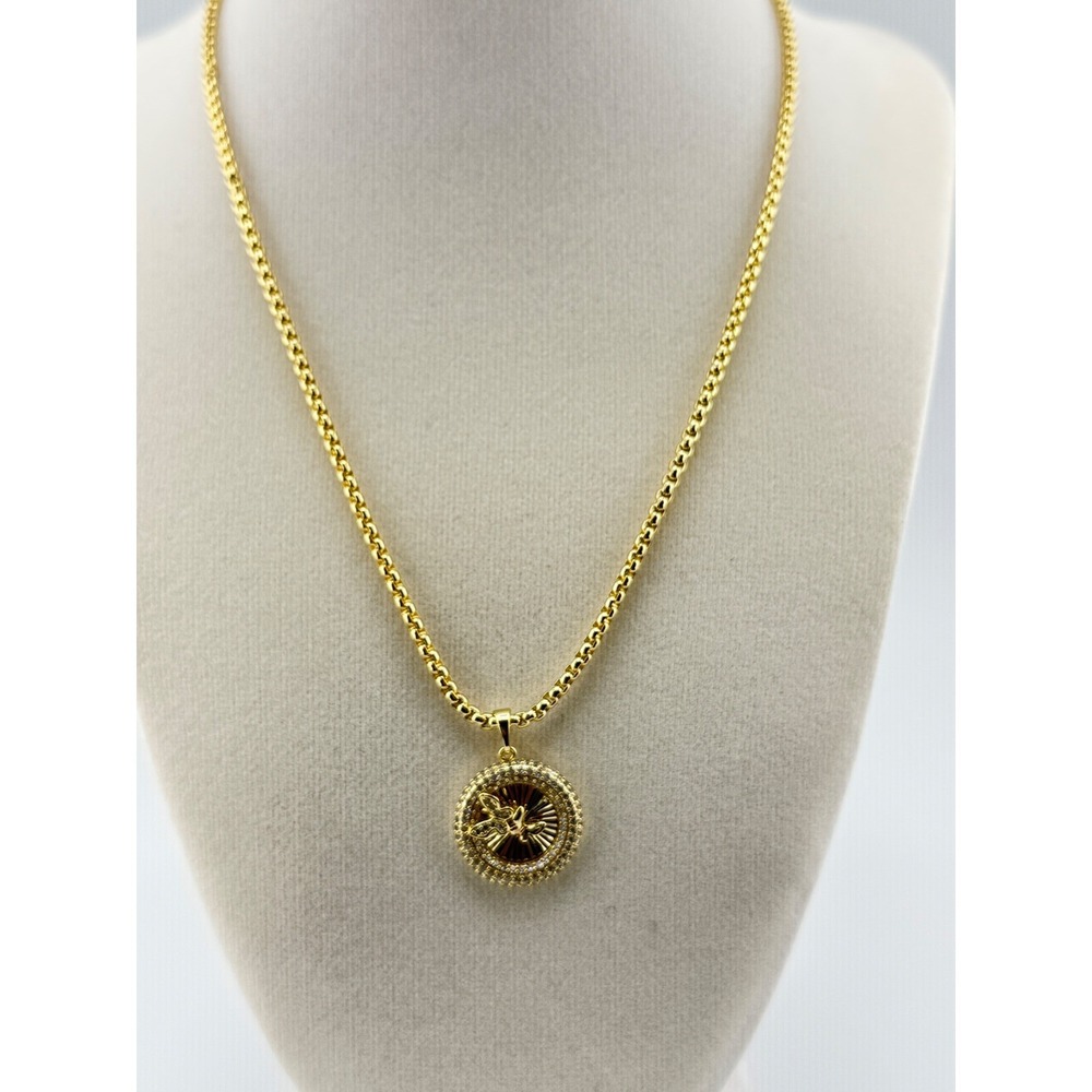 Gold‎ Tone Butterfly Medallion Pendant Necklace Box Chain Round Sunburst Crystal